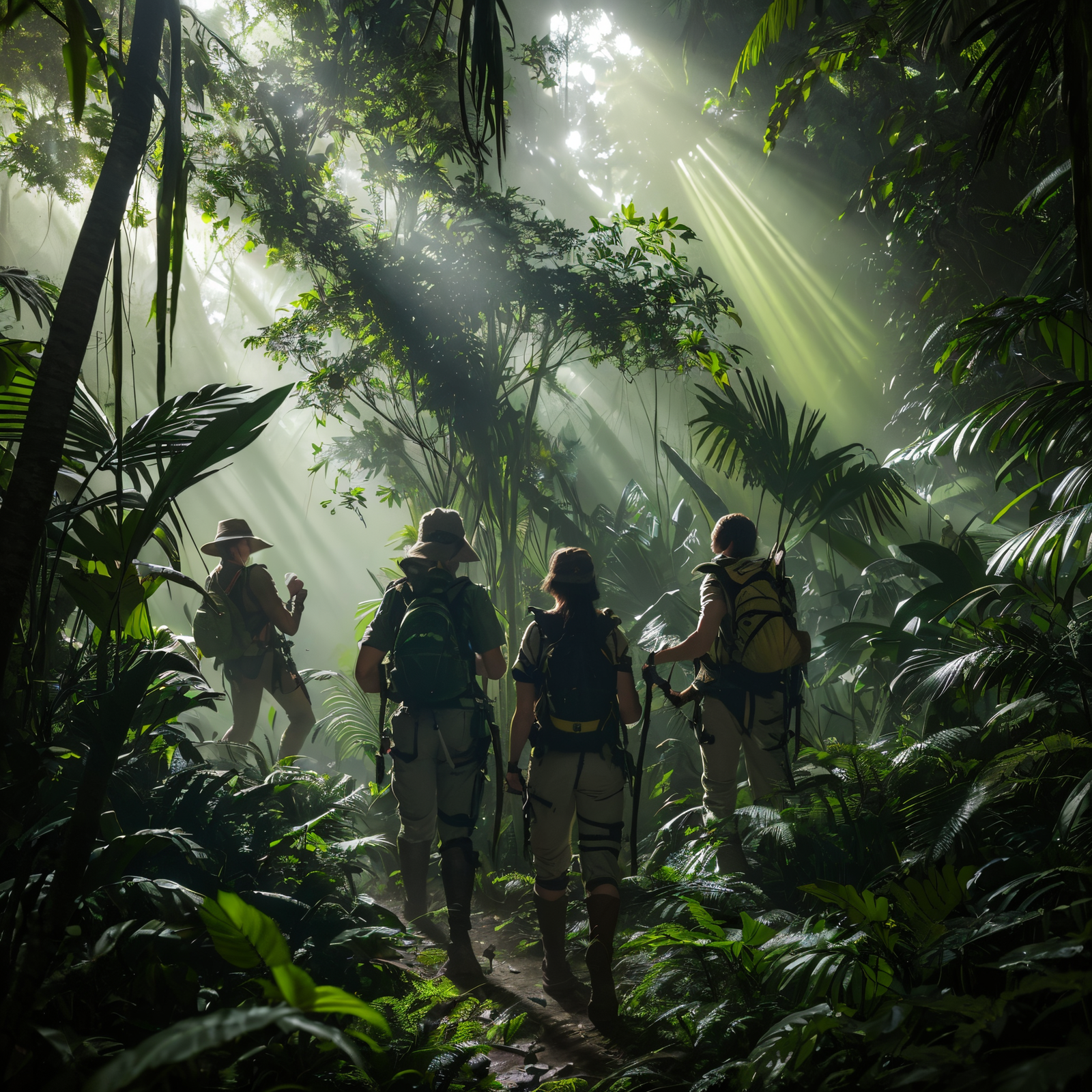 A group of explorers in adventurer attire trekking through the dense and dark Amazon rainforest. Sunlight filtering through the leaves, mysterious and disturbing atmosphere. Photorealistic, with a play of shadows and light. Shades of dark green and brown, with touches of yellow and green light.