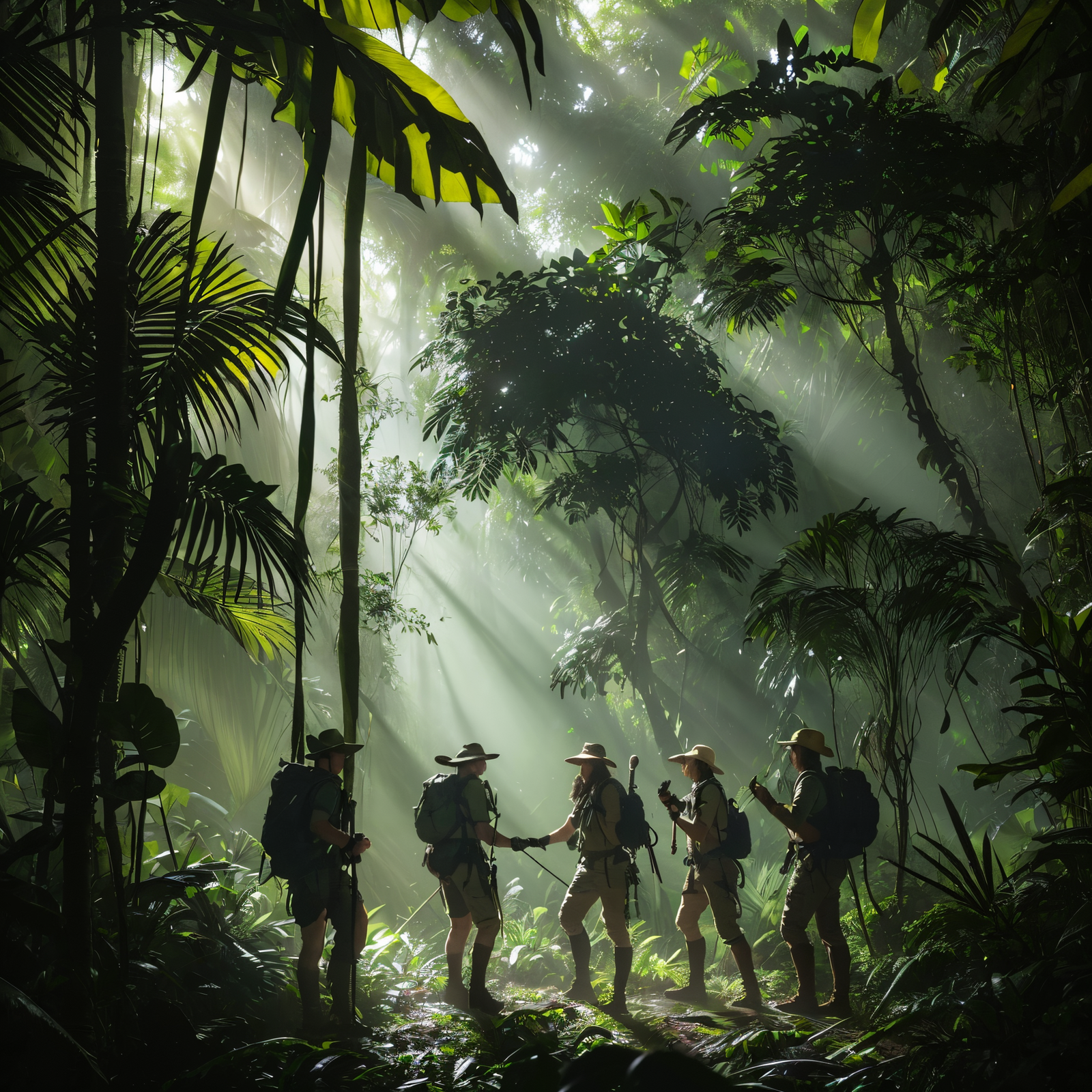 A group of explorers in adventurer attire trekking through the dense and dark Amazon rainforest. Sunlight filtering through the leaves, mysterious and disturbing atmosphere. Photorealistic, with a play of shadows and light. Shades of dark green and brown, with touches of yellow and green light.