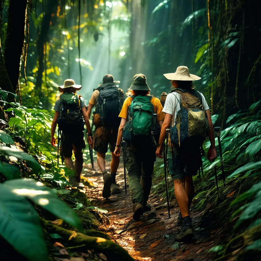 A group of explorers in adventurer attire trekking through the dense and dark Amazon rainforest. Sunlight filtering through the leaves, mysterious and disturbing atmosphere. Photorealistic, with a play of shadows and light. Shades of dark green and brown, with touches of yellow and green light.