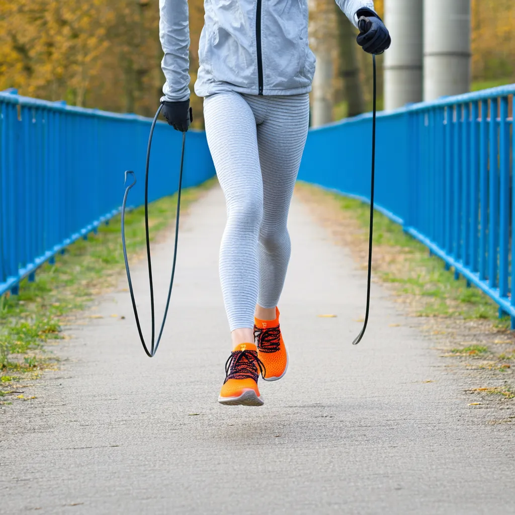 A person skipping rope on a pathway, wearing a light gray jacket and leggings, along with bright orange athletic shoes with black laces. The scene is set outdoors with blue railings on both sides of the pathway, and large pipes visible on the right side. Trees in the background suggest a park or urban setting.